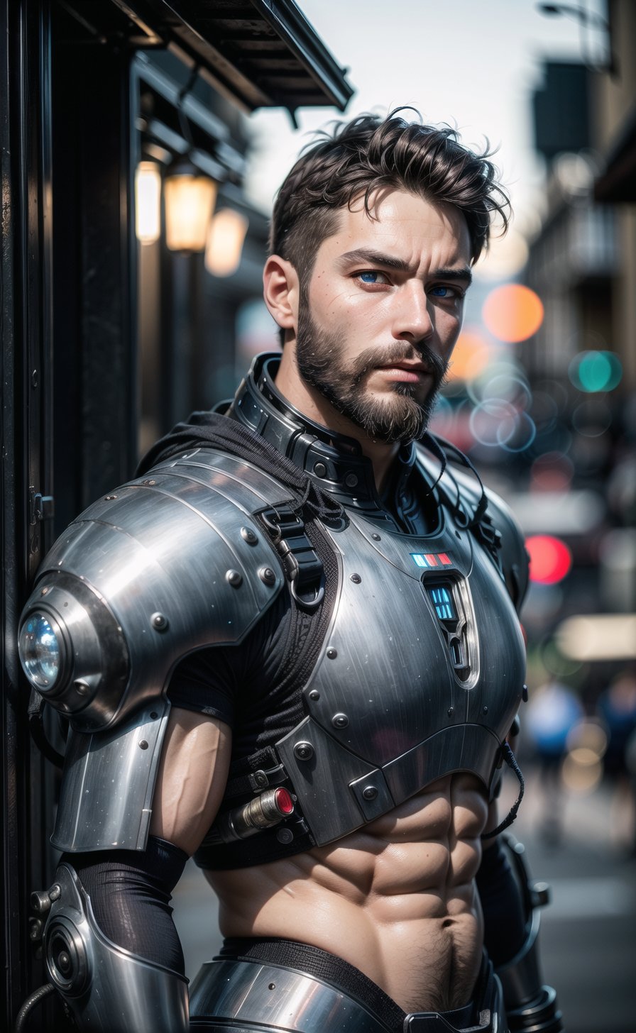 Portrait photo of muscular bearded guy in a worn mech suit, ((light bokeh)), intricate, (steel metal [rust]), elegant, sharp focus, photo by greg rutkowski, soft lighting, vibrant colors, (masterpiece), ((streets)), (detailed face:1.2), (glowing blue eyes:1.1) <lora:FilmVelvia3:0.4>  <lora:more_details:0.6>