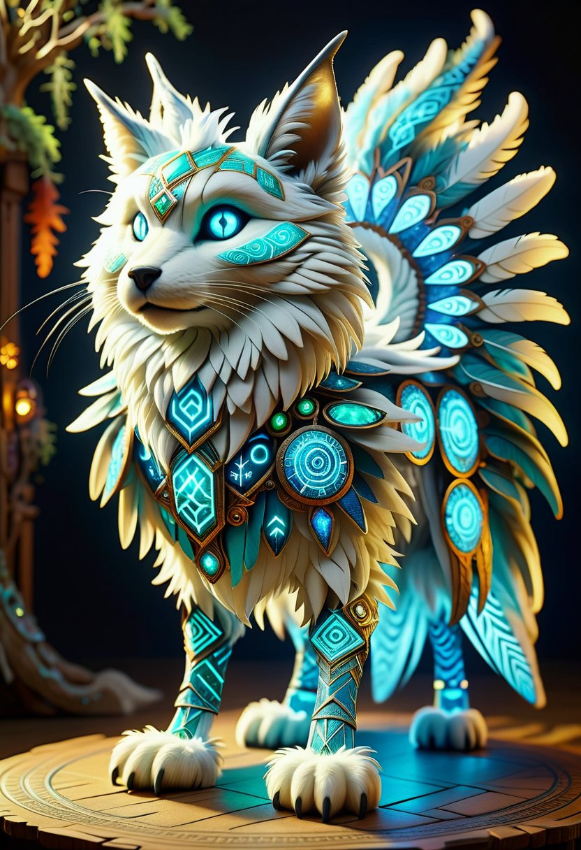 hyper detailed masterpiece,DonMMy51ic4lXL, large swift phosphorescent organic geometric spirit, quadrupedal armless, furry appendages, nine-tailed, short-tailed, feathers,  rounded ears,    , runes <lora:DonMMy51ic4lXL-v1.1-000006:0.8>