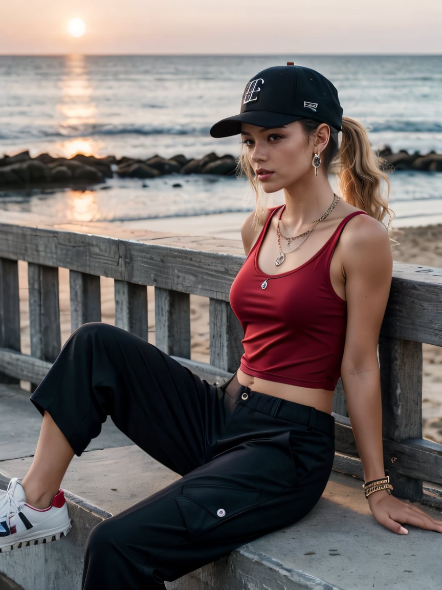 1girl, grey blonde hair(very long hair, curly_hair),long ponytail,hiphop dancer,wearing all black clothes (loose fit top and wide cargo pants),sneakers,accessories(necklace,ear_rings)baseball cap, sitting at sea bank,horizon,seaside,vivid sea color,red lighthouse,sunset,Best Quality, 32k, photorealistic, ultra-detailed, finely detailed, high resolution, perfect dynamic composition, beautiful detailed eyes, sharp-focus, cowboy_shot