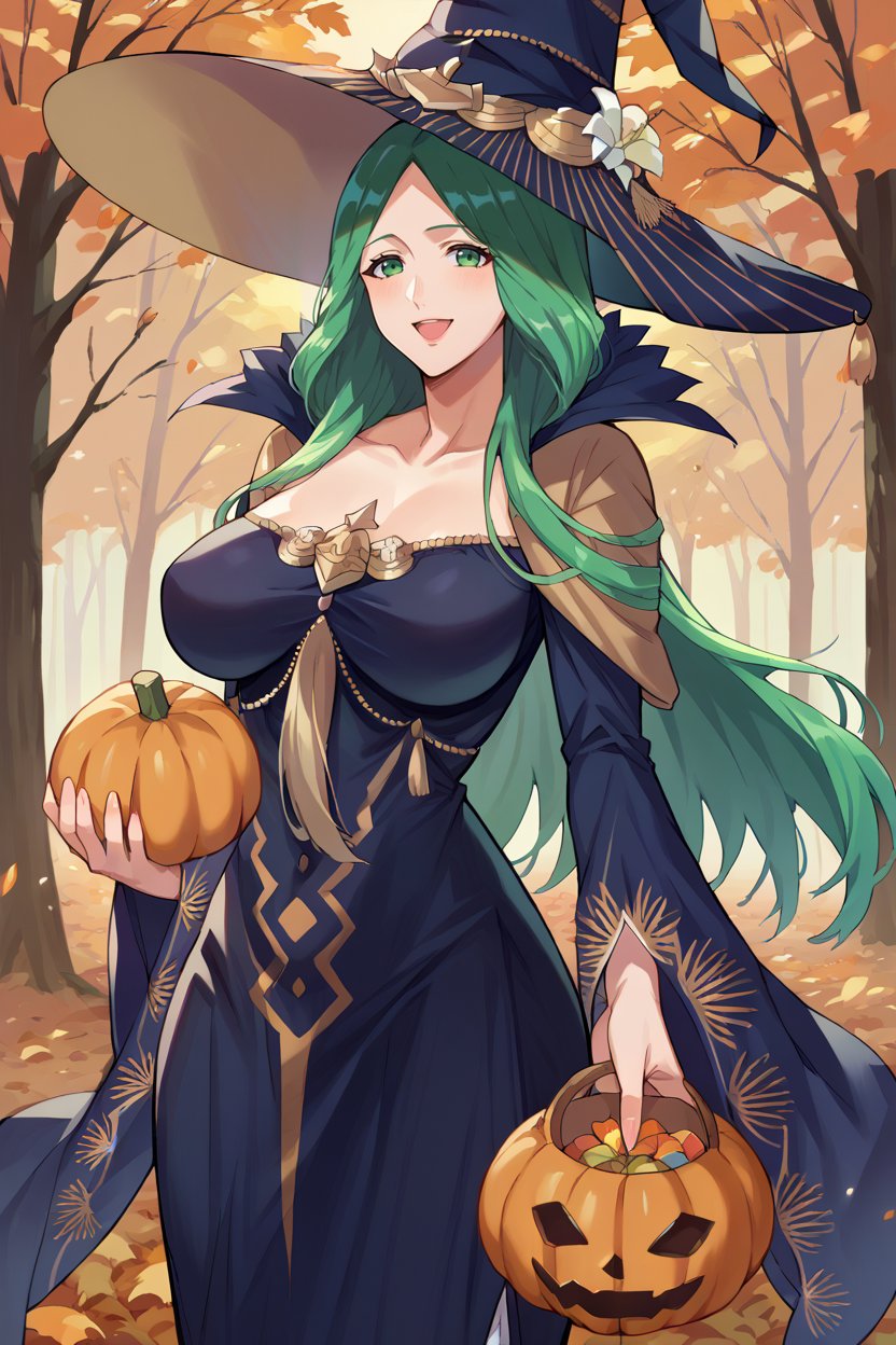score_9, score_8_up, score_7_up, score_6_up, source_anime, BREAK 1girl, mature female <lora:rhea-pdxl-nvwls-v1-000006:1> halloweenrhea, green hair, witch hat, blue dress, wide sleeves, holding pumpkin, autumn, forest, looking at viewer, happy, large breasts
