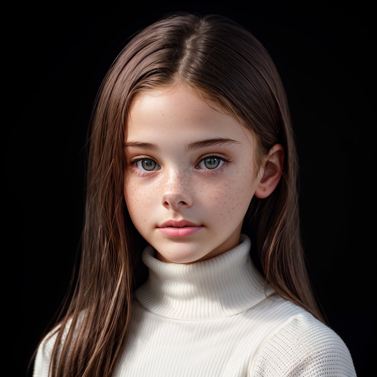 best quality, extra resolution, close up portrait of adorable (AIDA_LoRA_MeW2016:1.1) as cute [little] girl <lora:AIDA_LoRA_MeW2016:0.9> wearing (white turtle neck sweater:1.1), with glossy skin with visible pores and freckles, pretty face, naughty, playful, intimate, flirting, cinematic, studio photo, kkw-ph1, (colorful:1.1), (charcoal smoky black background:1.1)