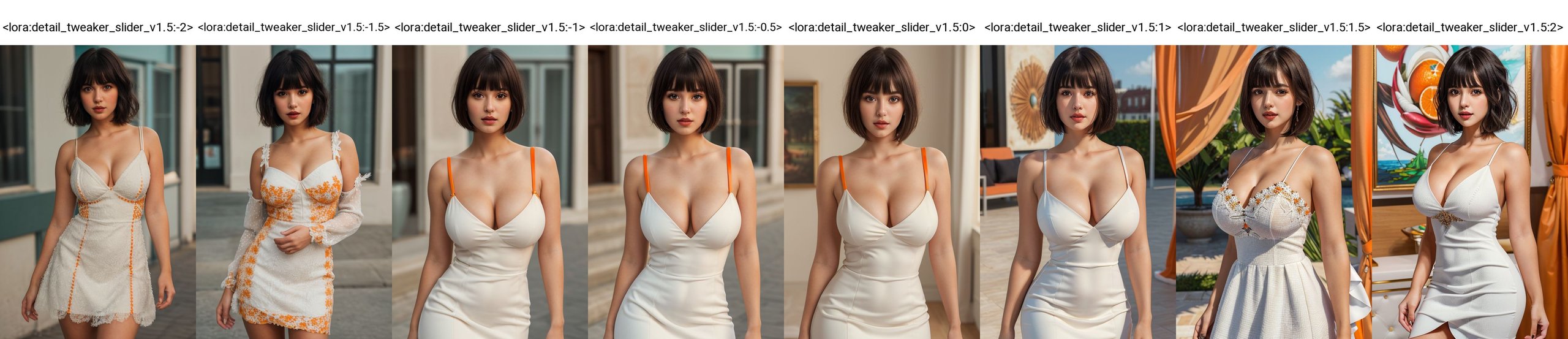 (best quality, 4k, 8k, highres, masterpiece:1.2), ultra-detailed, photorealistic, photography,1girl, solo, looking at viewer, short hair, large breasts, bangs, black hair, orange dress, parted lips, (orange and white dress:1.2), professional photography, portrait,realistic <lora:detail_tweaker_slider_v1.5:-2>