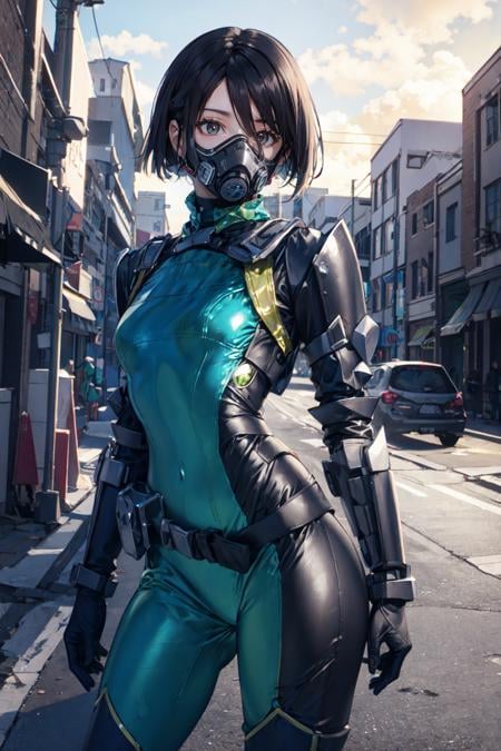 best quality,masterpiece,highres,extremely detailed cg unity 8k wallpaper,outdoors,1girl,solo,looking at viewer,standing,cowboy shot,<lora:GoodHands-beta2:1>,<lora:lemon0035-Viper Valorant Costume_v1:0.9>,lemon0035,green bodysuit,armor,belt,cyborg,gloves,mask,respirator,