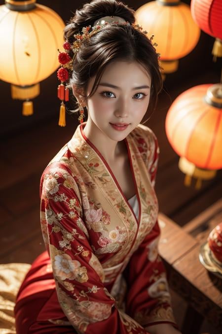 Spring Festival,1girl,solo,hair ornament,dress,black hair,black eyes,chinese clothes,from above,lantern,jewelry,red dress,looking at viewer,smile,realistic,blurry,1girl,best quality,masterpiece,illustration,an extremely delicate and beautiful,CG,unity,8k wallpaper,Amazing,finely detail,masterpiece,official art,extremely detailed CG unity 8k wallpaper,incredibly absurdres,huge filesize,ultra-detailed,highres,extremely detailed,beautiful detailed girl,realistic,<lora:Spring Festival_20240128014515:0.8>,