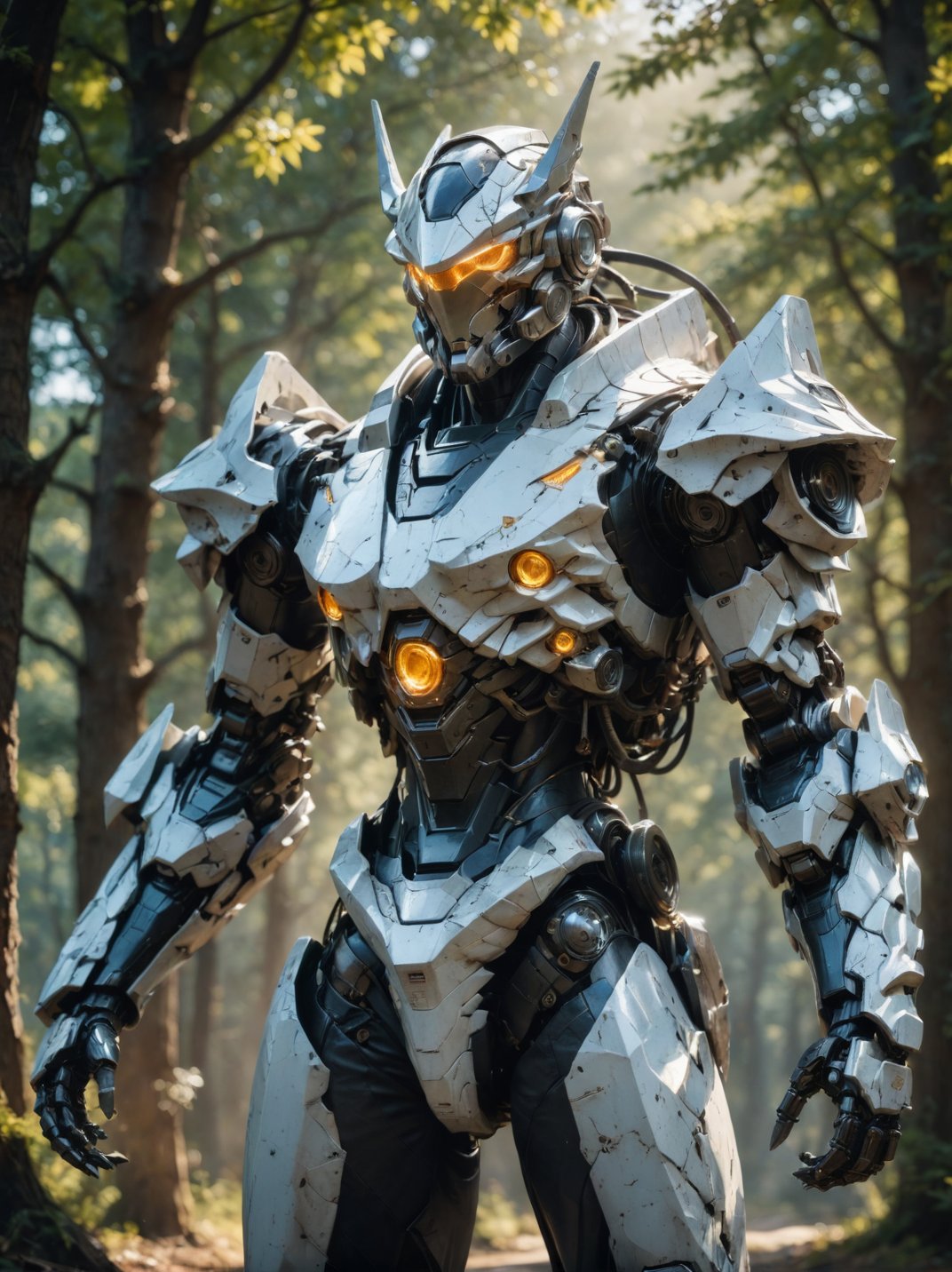 masterpiece, best quality,cinematic film still, realistic, portrait, solo, white mecha robot, cape, science fiction, torn clothes, glowing, standing, robot joints, mecha, armor, cowboy shot, (floating cape), intense sunlight, silver dragonborn, outdoors, landscape, naturehighres, 4k, 8k, intricate detail, cinematic lighting, amazing quality, wallpaper <lora:aesthetic_anime_v1s:1.1>