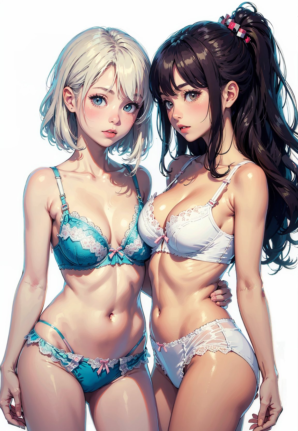 (finely best quality illustration:1.2), (kawaii girl:1.1), 2girls, multiple girls, Craftsman made contour, coquettish skin, (white background:1.25), (soft smile:0.7), eyes-to-eyes, face-to-face, bare legs, nose blush, Craftsman made bra, Craftsman made panties, breasts to breasts, navel
