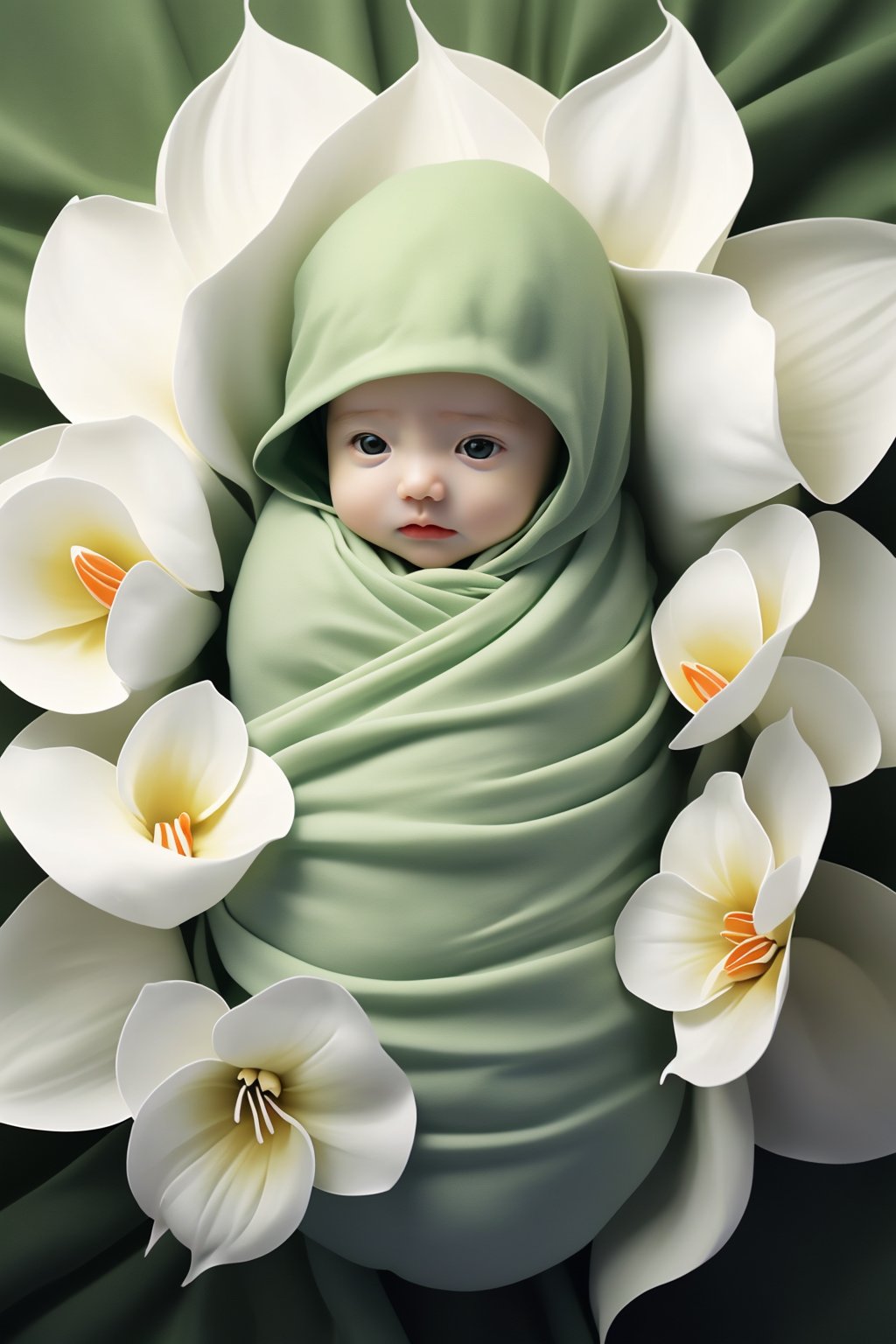 <lora:婴儿写真:0.8>,flower,baby,swaddle,green,