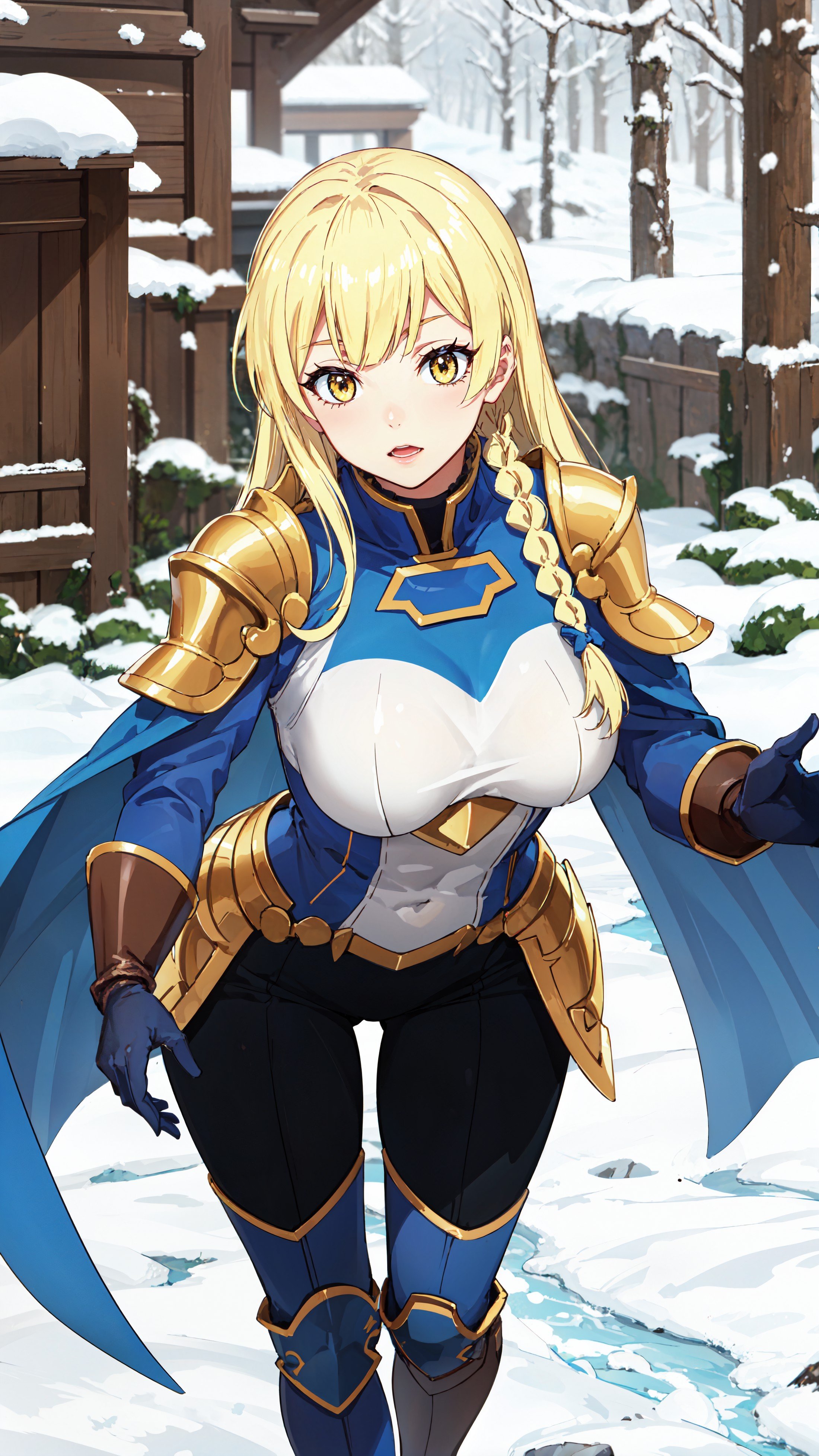 photorealistic, (4k), depth of field, (Masterpiece), (realistic skin texture), extremely detailed, intricate, hyper detailed, professional photography, bokeh, high resolution, sharp detail, best quality, girl, long hair, blonde hair, yellow eyes, braid, blue and white outfit, gold shoulder pads, blue cape, black pants, <lora:GoodHands-vanilla:0.4>, <lora:detail_slider_v4:0.8> , dynamic pose, (leaning forward),  <lora:Balirossa-000004:0.7>, winter, snow, snowing,