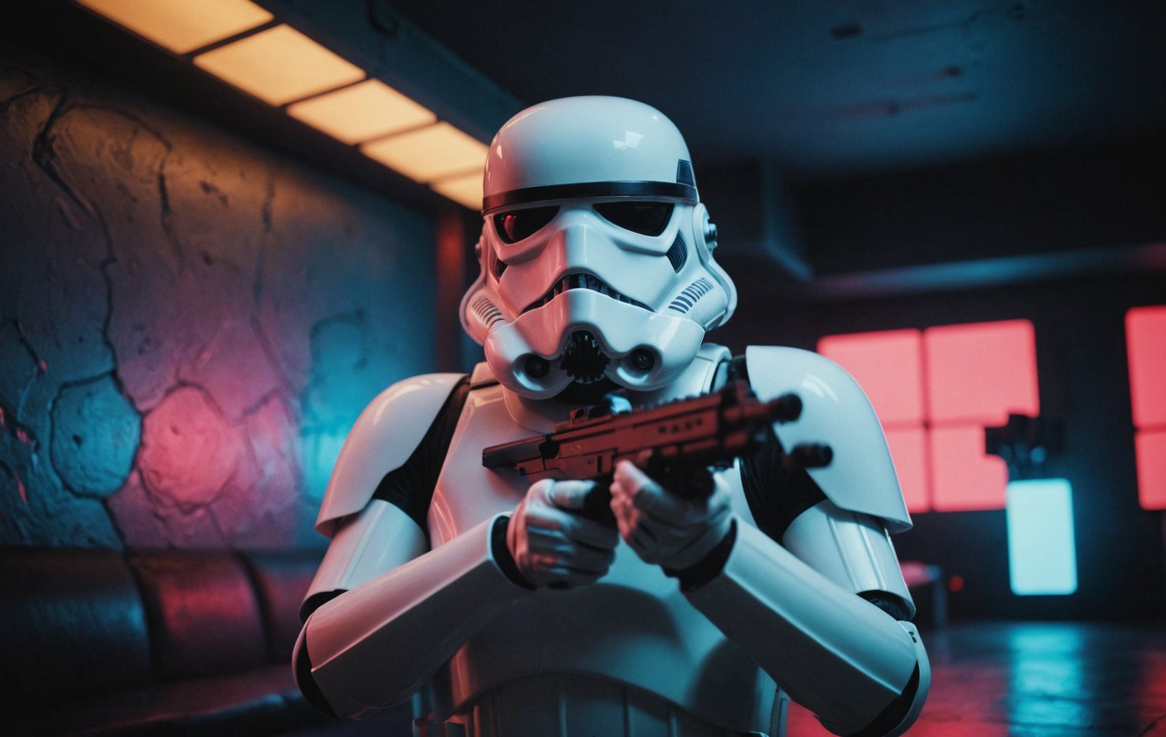 cinematic film still, Storm Trooper, colored lights, amazing quality, wallpaper, analog film grain <lora:aesthetic_anime_v1s:0.5>  <lora:add-detail-xl:1.1>