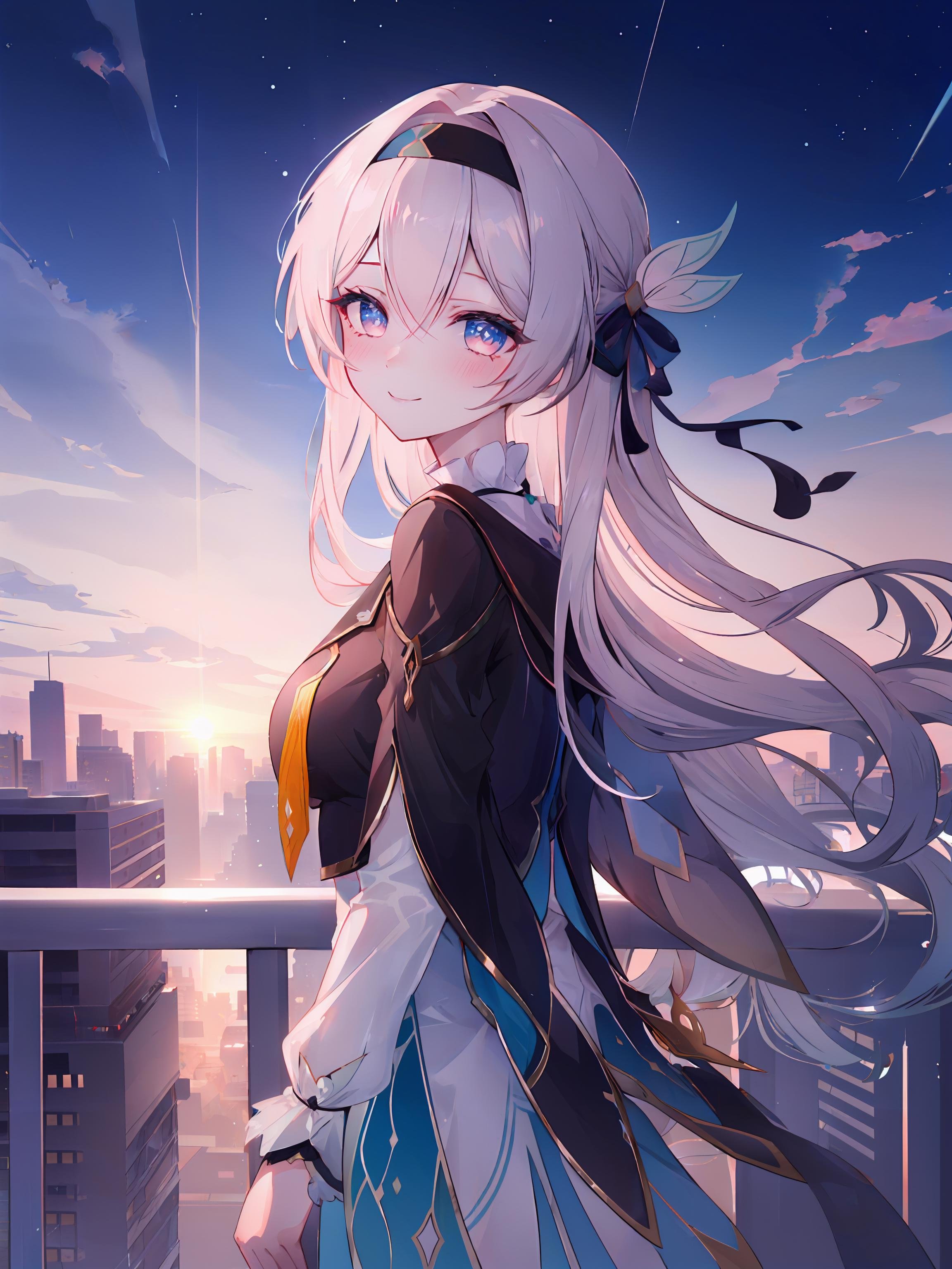 ((masterpiece,best quality)), 1girl, fireflyhsr, hairband, from behind, looking back, sunset, cityscape, skyscraper, night sky, railing, smile, blush, depth of field,