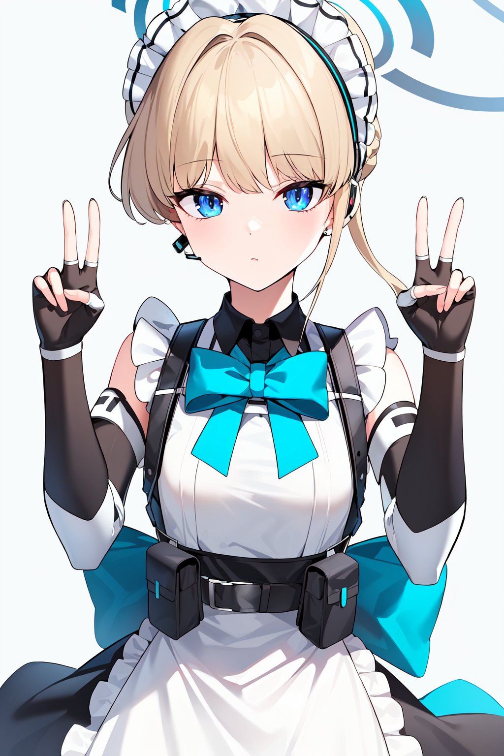 best quality, masterpiece,  <lora:TokiBAv1:0.7>toki, halo, short hair, maid headdress, maid apron dress, detached sleeves, fingerless gloves, earpiece, harness, chest harness, waist bow, looking at viewer, expressionless, double v, upper body, simple background,
