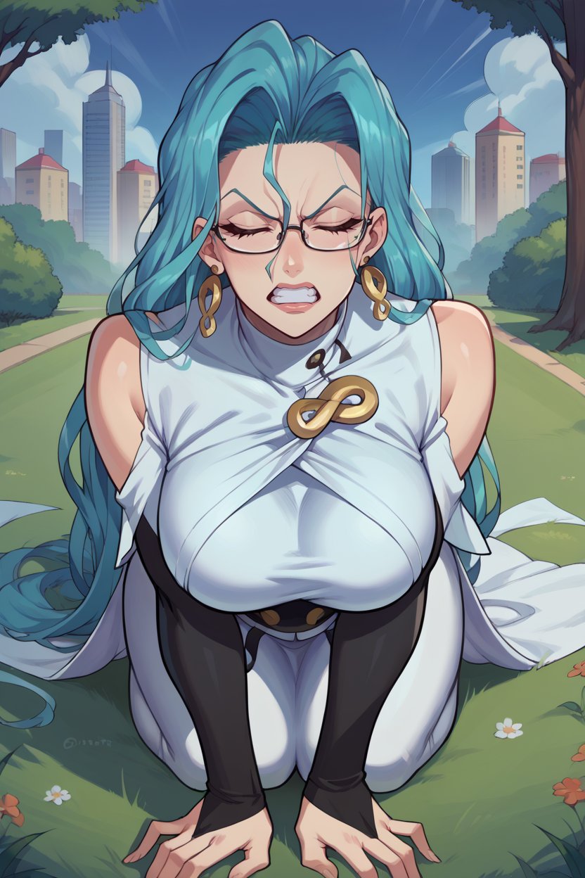score_9, score_8_up, score_7_up, score_6_up, source_anime, BREAK 1girl, mature female,  <lora:psykos-pdxl-nvwls-v1-000005:1> psykos, cyan hair, wavy hair, very long hair, glasses, earrings, white dress, brooch, underbust, long dress, bridal gauntlets, large breasts, all fours, closed eyes, clenched teeth, grass, city, park, night sky, looking at you