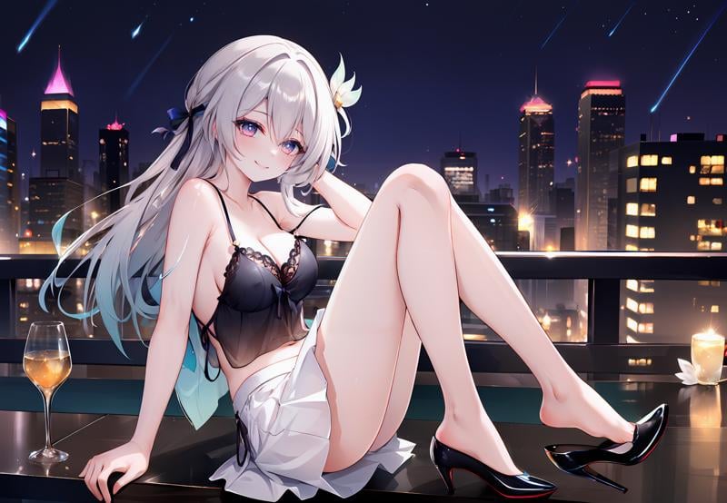 ((masterpiece,best quality)), 1girl, fireflyhsr, Lace-trimmed camisole and satin slip skirt with a side slit, crystal high heels, smile, sitting, drinking glass on the side, from side, hand on own cheek, city, night, shoe dangle,
