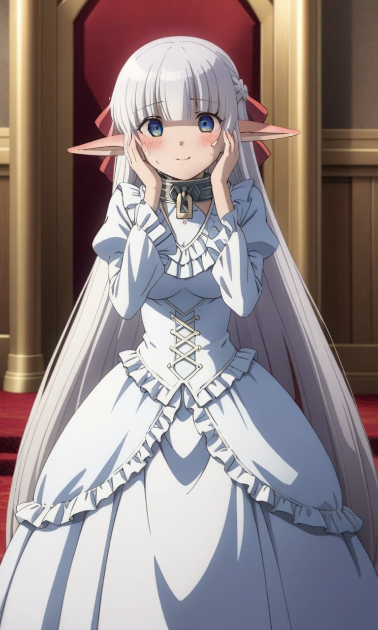 (masterpiece, best quality, very aesthetic, ultra detailed, many details), 1girl, nephiliaxl, pointy ears, blue eyes, long hair, white dress, white hair, elf, long sleeves, collar, frills, blunt bangs, braid, very long hair, wide sleeves, hair ribbon, juliet sleeves, frilled dress, standing, cowboy shot, hands on face, nervous smile, sweat drop, blush, ear blush, eyes down, throne room, indoors<lora:EMS-349075-EMS:1.000000>, <lora:EMS-335216-EMS:0.700000>