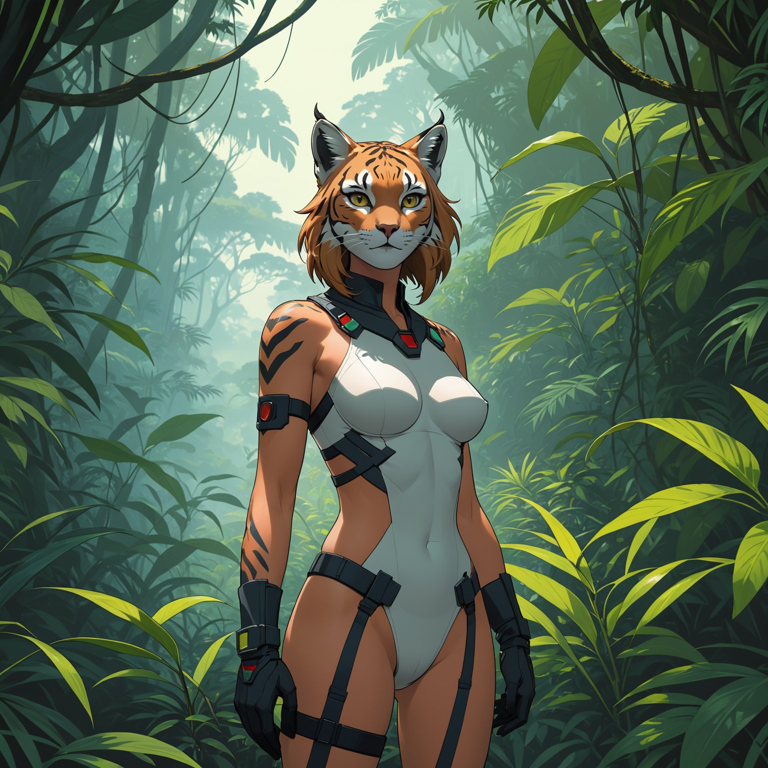 concept art Female linx, masterpiece, focus on face, outside, scenic, overgrown jungle . digital artwork, illustrative, painterly, matte painting, highly detailed