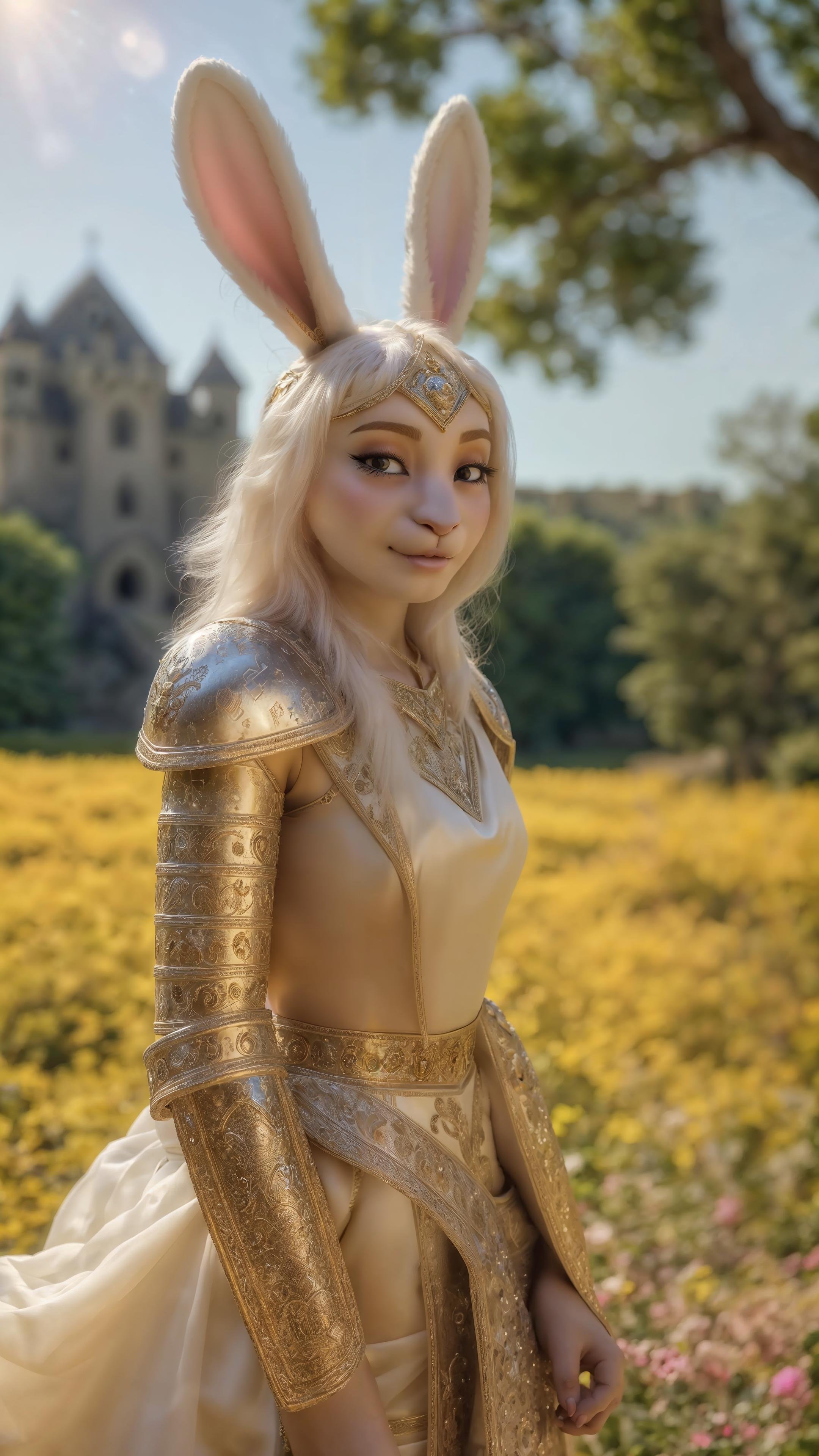 outdoor, castle courtyard, tall stone walls, detailed background, knight bunny girl, (armor with bunny-themed embellishments), standing tall and proud, bunny ears perched on her head, anime-style, expressive eyes, sunlight filtering through the trees, giving her a radiant glow, masterpiece