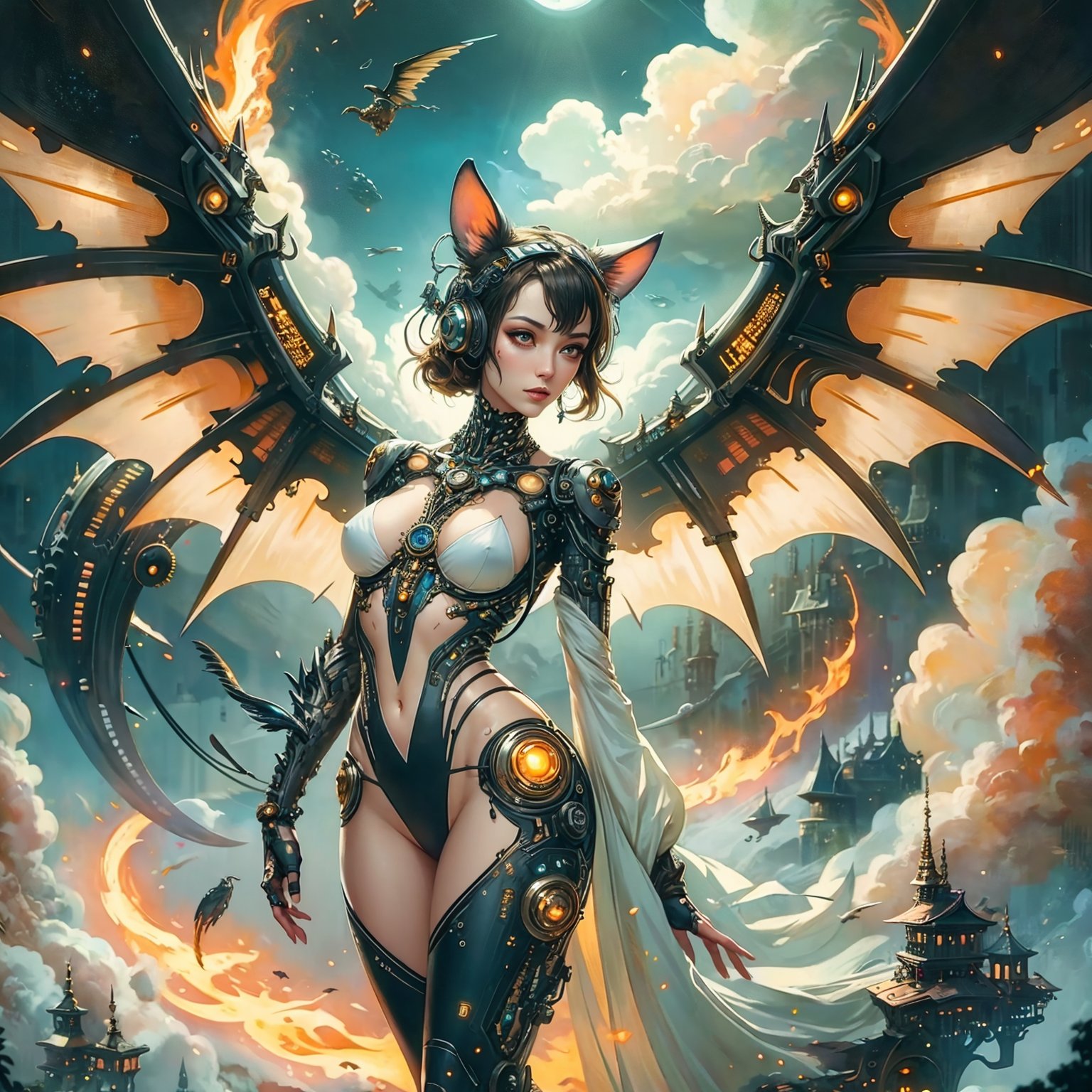 <lora:Reel_mechanical_parts_v_1_3:1> reelmech, mechanical parts, alluring succubus, ethereal beauty, perched on a cloud, (fantasy illustration:1.3), enchanting gaze, captivating pose, delicate wings, otherworldly charm, mystical sky, (Luis Royo:1.2), (Yoshitaka Amano:1.1), moonlit night, soft colors, (detailed cloudscape:1.3), (high-resolution:1.2) animal ears, android, joints, smoke and fire, glowing power aura, dynamic pose, dynamic view