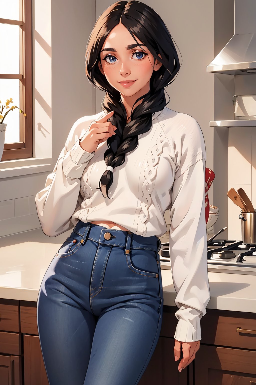 masterpiece, best quality, <lora:unohanaretsu-nvwls-v1-000009:0.9> unohana retsu, single braid, cable-knit sweater, white sweater, long sleeves,  jeans, kitchen, mature female, looking at viewer, smile