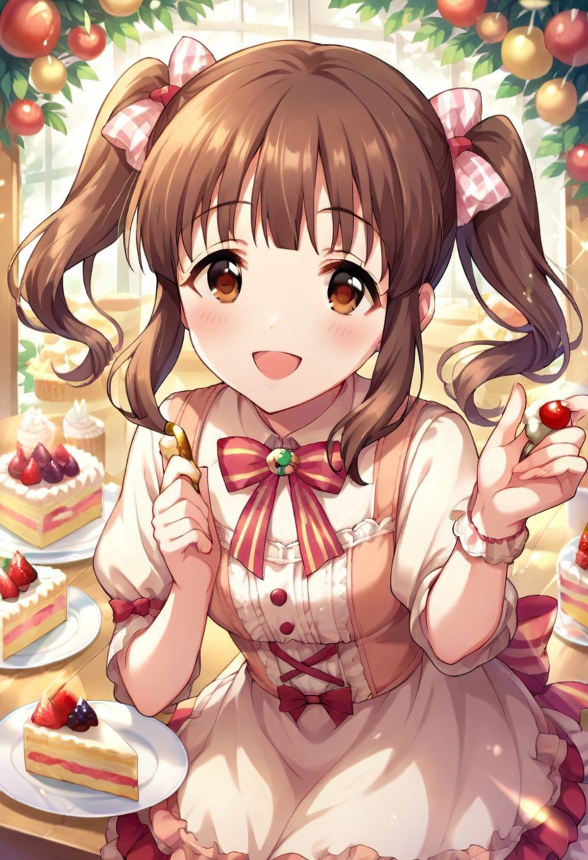 score_9, score_8_up, score_7_up, source_anime, ogata chieri, brown hair, twintails, brown eyes,1girl, solo, food, cake, open mouth, smile, looking at viewer, hair bow, bow, blush