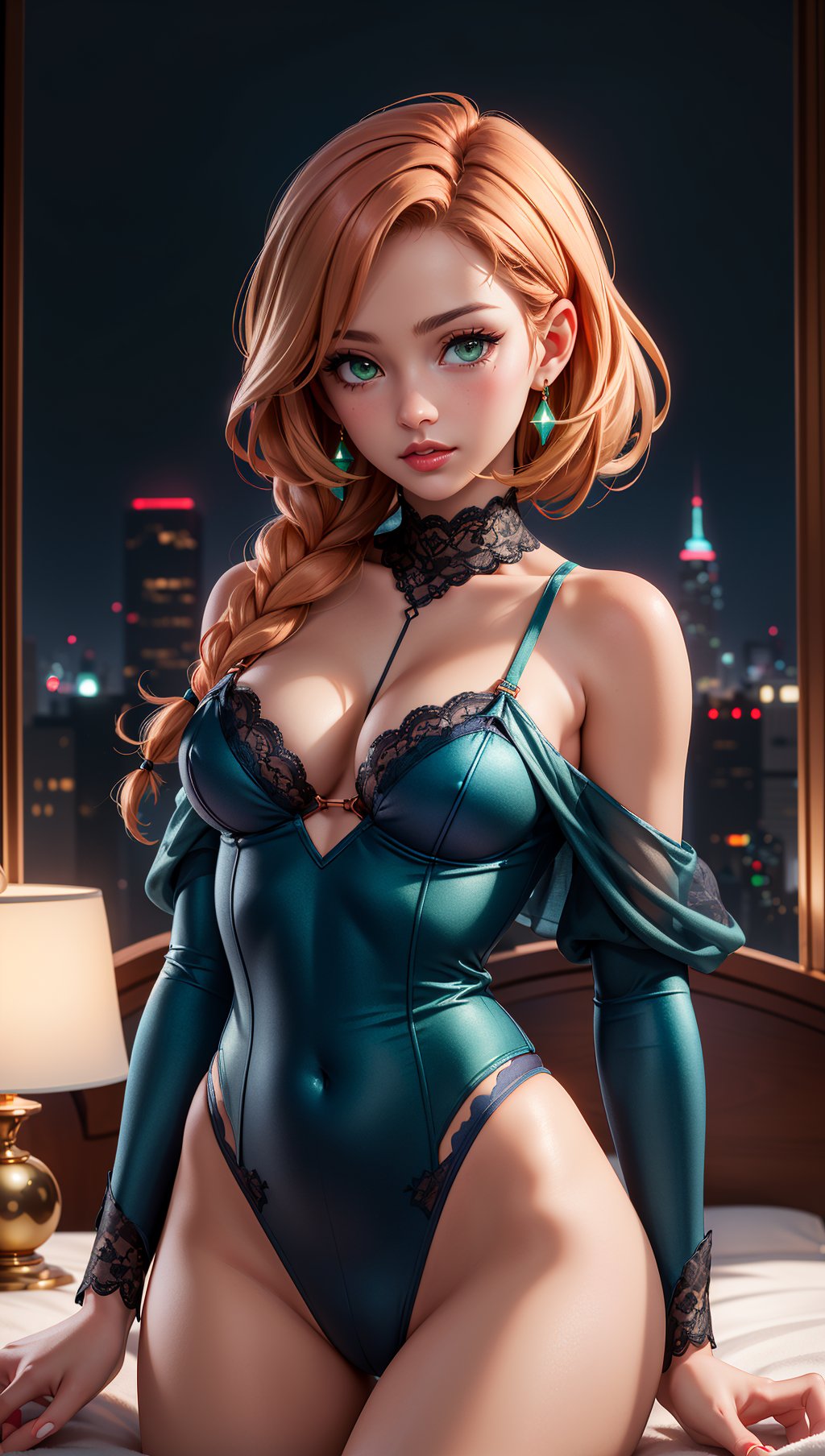 (masterpiece,best quality,highres:1.3),(official art,beautiful and aesthetic:1.2),(full shot:1.2),(1girl,solo,masterpiece,8k,HDR,),character concept art of a beautiful woman leaning over,((wearing Navy blue Sheer Teddy with Lace Trim,straps falling off her shoulder)),seductive,luscious lips,comic book art,rough colored sketch,(hourglass body,square shaped face,green eyes,full lips,high cheekbones),(copper red fishtail braid hair:1.2),small breasts,toned thighs,thigh gap,looking at the viewer),(luxurious modern bedroom,bokeh),