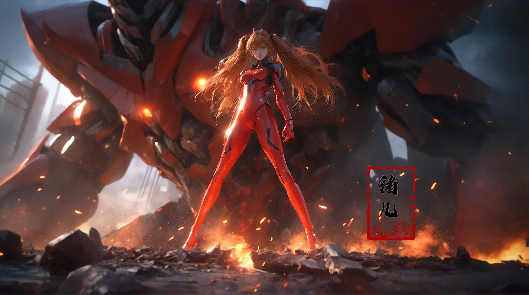 (dramatic, gritty, intense:1.4),masterpiece, best quality, 32k uhd, insane details, intricate details, hyperdetailed, hyper quality, high detail, ultra detailed, Masterpiece, super vista,Epic CG masterpiece, Asuka Langley Soryu,hdr,dtm, full ha, in the style of mecha anime, like a god The dancing long knife charging forward battlefield, the burst meteor, the fierce battle of fighting with his life, 8K, ultra detailed graphic tension, dynamic poses, stunning colors, 3D rendering, surrealism, cinematic lighting effects, realism, 00 renderer, super realistic, full - body photos, super vista, super wide Angle, HD，1girl, (full body:1.5),<lora:20231012-1697082333147:0.6>