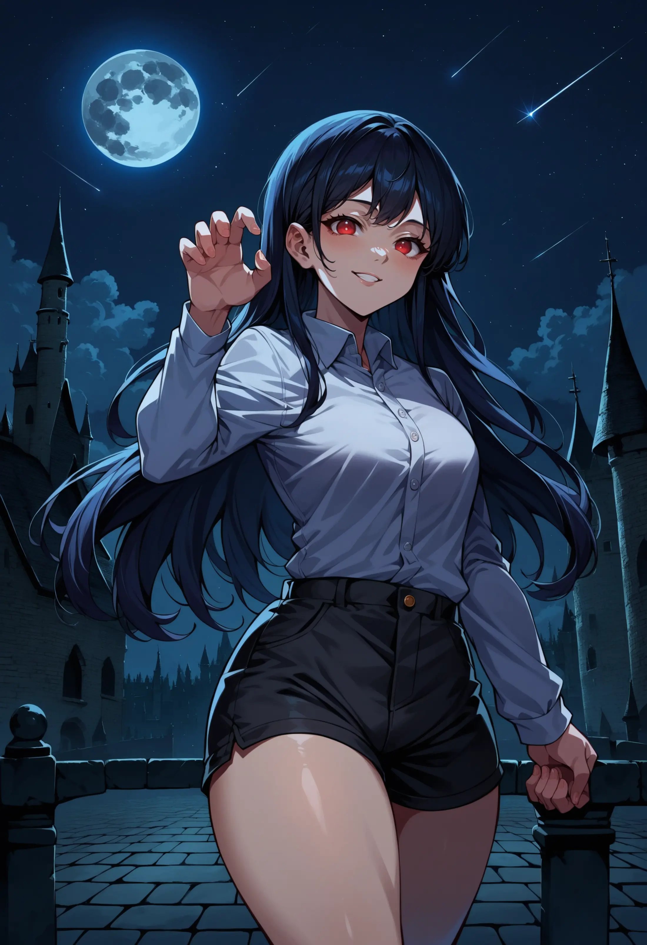 score_9, score_8_up, score_7_up, source_anime, night, (dark environment), 1girl, solo, black hair, long hair, red eyes, shirt, white shirt, shorts, short shorts, black shorts, cloud, moon, Hogwarts, (castle hill), night sky, stand on street, shooting star, (strong pose), looking at viewer, seductive smile, thick thighs,