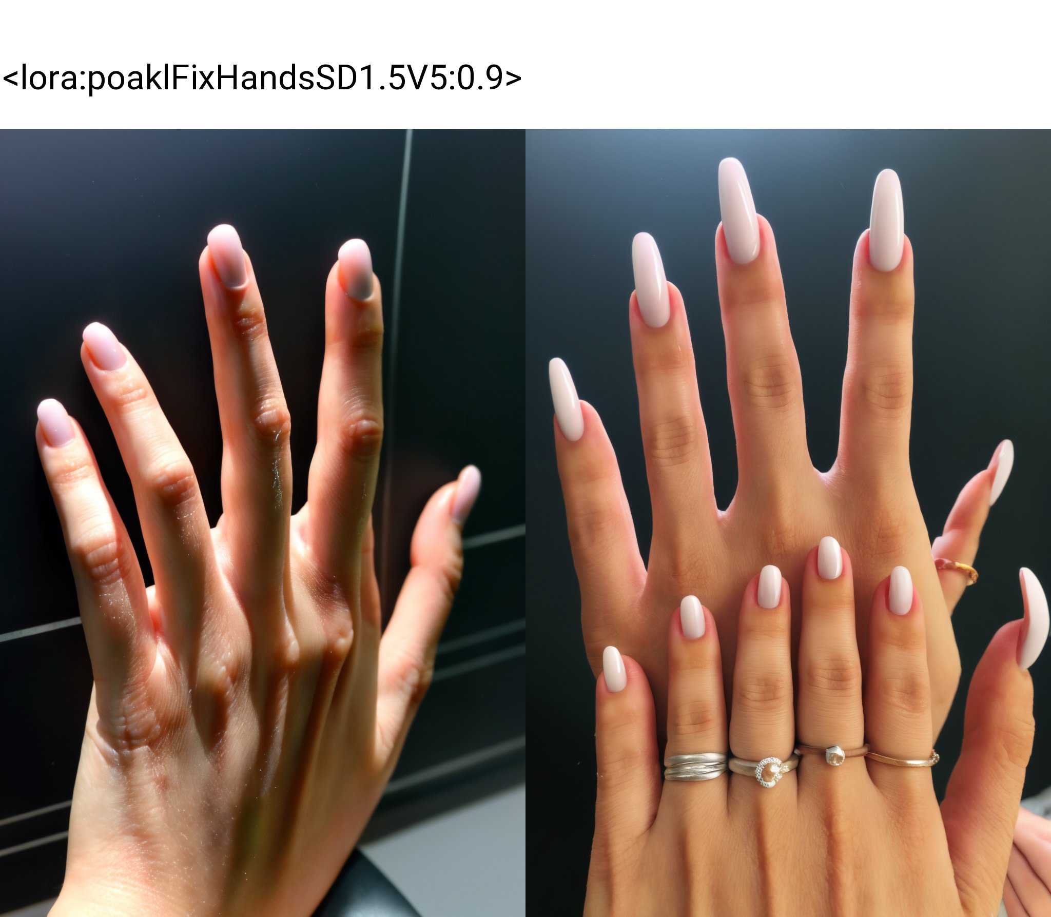 A nice female hand with 5 fingers. Nails polished.,poakl,<lora:poaklFixHandsSD1.5V5:0.9>,