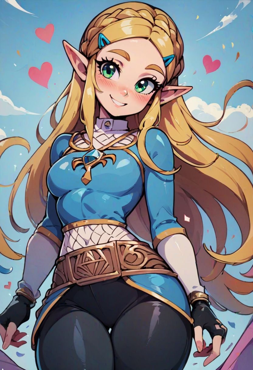 score_9, score_8_up, score_8, medium breasts, (curvy), cute, eyelashes,  princess zelda, solo, long hair, green eyes, crown braid, hairclip, pointy ears, blue shirt, long sleeves, fingerless gloves, black gloves, black pants, tight pants, smile, curvy, head tilt, hearts, blush,