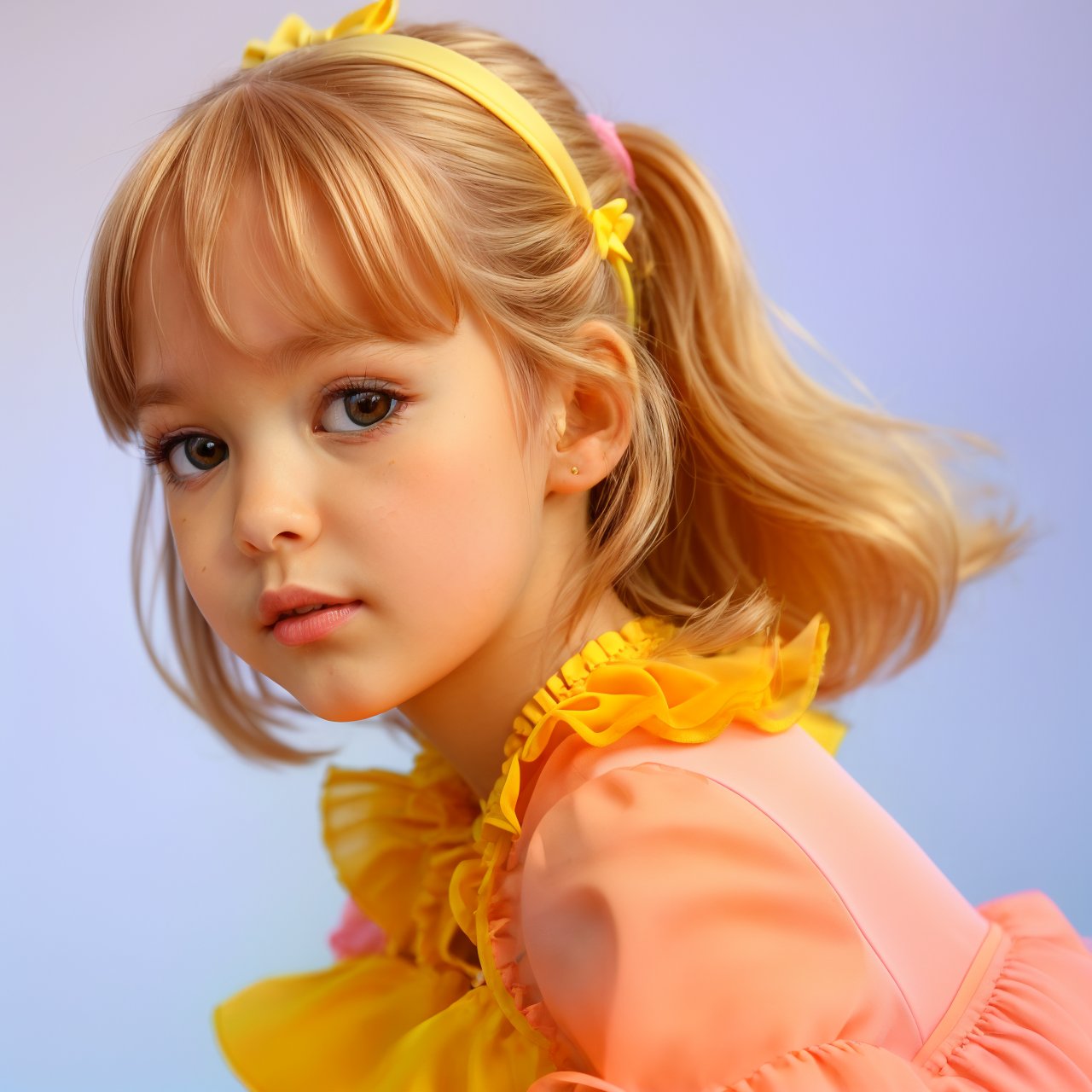 SFW, best quality, extra resolution, looking back, profile of calm (AIDA_LoRA_AnC:1.19) <lora:AIDA_LoRA_AnC:0.95> in a yellow dress and with a pink bow posing for a picture on noisy blue background, cute girl, pretty face, naughty, cinematic, hyper realistic, trending on getty images