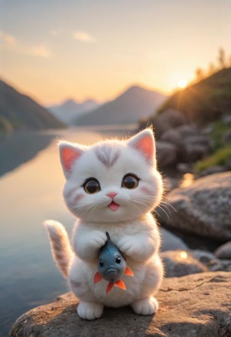 a small, simple, cuddly felt fat kitten holding a fish in its tiny hands, gazing directly into the camera with a joyful smile. The scene is so sweet that it melts even the toughest hearts. Describe the loving atmosphere created by the combination of felt, smiles, and hearts diring a beautiful sunrise <lora:WildcardX-XL-Detail-Enhancer:1>
