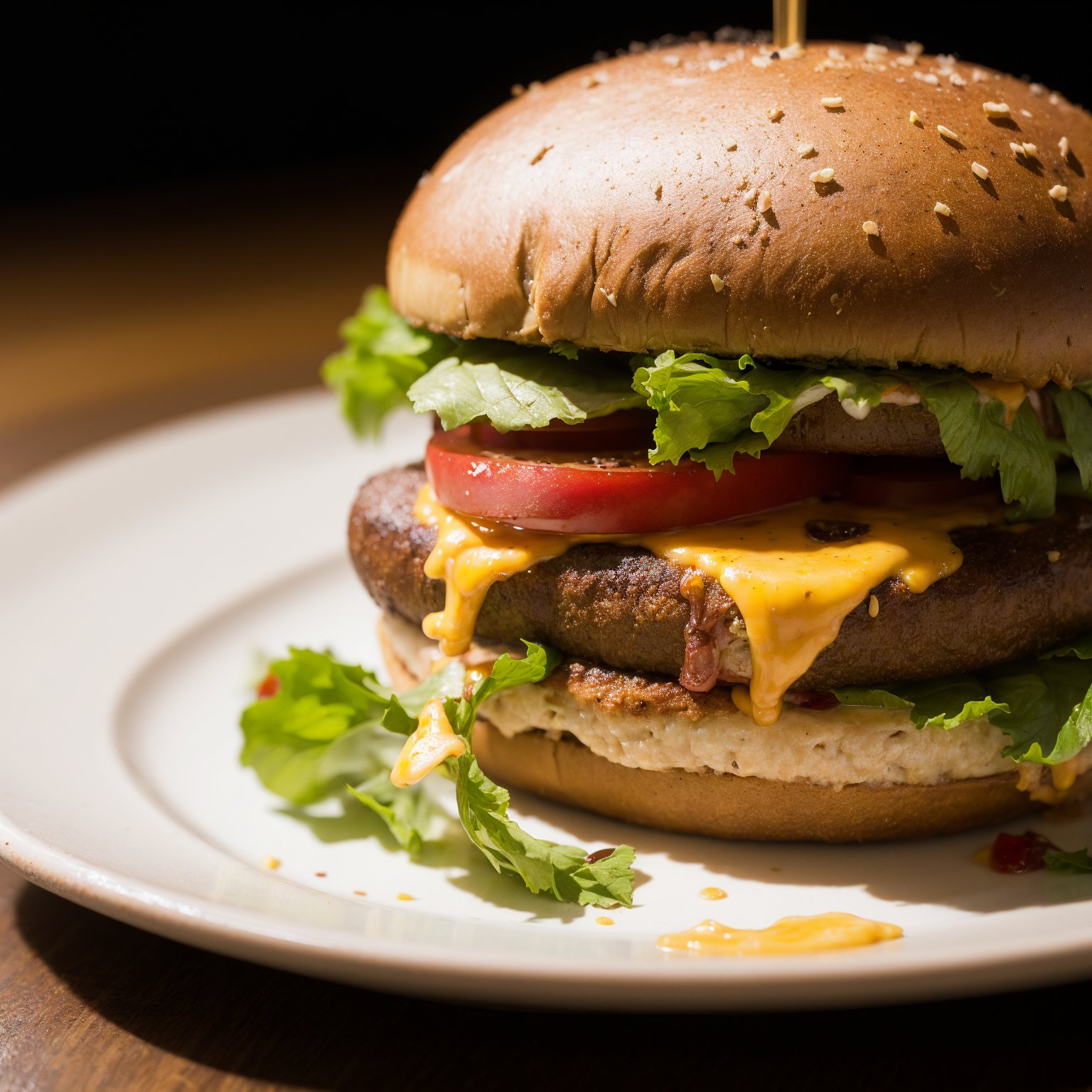 raw photo. cheeseburger,  on a plate,  wood table,  night,  cinematic lighting,  (low key),  close-up