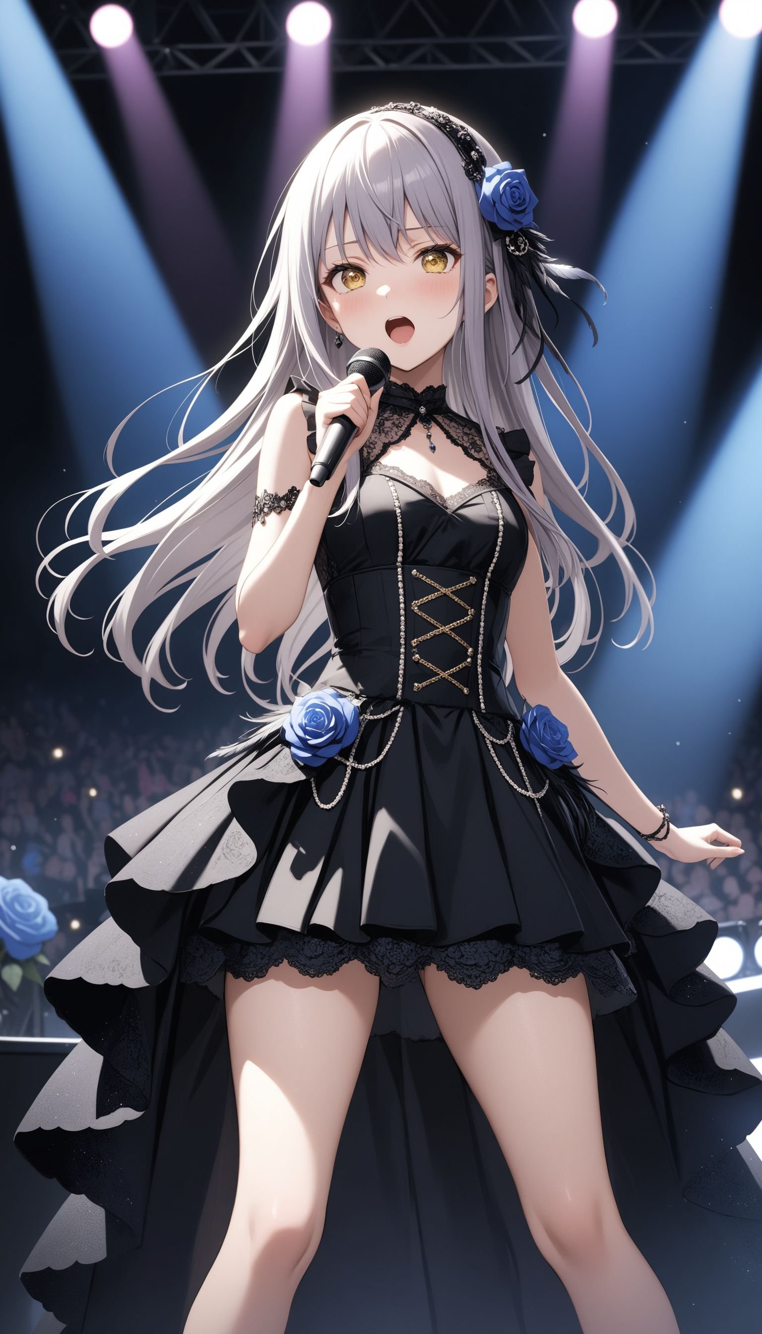 (masterpiece, best quality, very aesthetic, ultra detailed), intricate details,1girl, minato yukina, bang dream!, stage, stage lights, singing, black dress, black hairband, blue rose, feathers, flowers, white hair, yellow eyes,