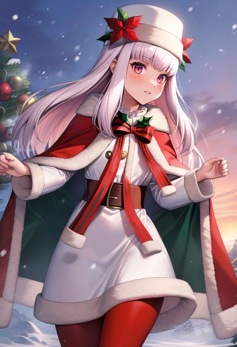 solo, 1girl, lysitheawinter, white hat, christmas, white dress, fur trim, long sleeves, fur-trimmed cape, red pantyhose, snowing, outdoors <lora:fireemblem_ordelia_xl-000005:1>