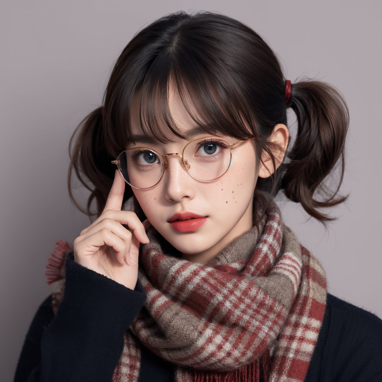 1girl,blue eyes,black hair,realistic,scarf,looking at viewer,twintails,solo,glasses,lips,long hair,portrait,nose,closed mouth,sunglasses,red-framed eyewear,solo focus,finger to mouth,simple background,traditional media,pov,purple scarf,eyelashes,tinted eyewear,close-up,mole,blue background,bangs,signature,upper body,adjusting eyewear,goggles,parted lips,out of frame,red lips,hair between eyes,pov hands,open mouth,blush,makeup,brown hair,grey background,eye focus,lipstick,smile,expressionless,eyewear on head,parted bangs,semi-rimless eyewear,mole under mouth,poking,blurry,freckles,red scarf,looking over eyewear,breasts,blue hair,reflection,two side up,mole under eye,short hair,round eyewear,biting,short twintails,ribbon,painterly,pointing,hand up,pink-framed eyewear,realistic details,surrealistic,sense of reality,very realistic,very realistic,intense contrast of light and shadow,