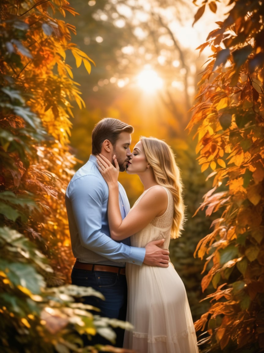 A passionate and intimate moment captured in an upper realistic image, portraying a couple deeply in love as they share a tender kiss. Their faces gently touch, their eyes closed, and their lips locked in a sweet embrace. The scene is set against a backdrop of soft golden sunlight, creating a warm and romantic atmosphere. The couple is framed by vibrant foliage and surrounded by an ethereal and dreamlike ambiance. The image is digitally painted with exquisite attention to detail, showcasing the fine nuances of their expressions and the delicate touch of their lips. The camera perspective is cinematic, capturing the intimacy of the moment, while the bokeh effect adds a touch of enchantment. This visually stunning image is of ultra-resolution, allowing for a truly immersive viewing experience.,realistic,best quality,