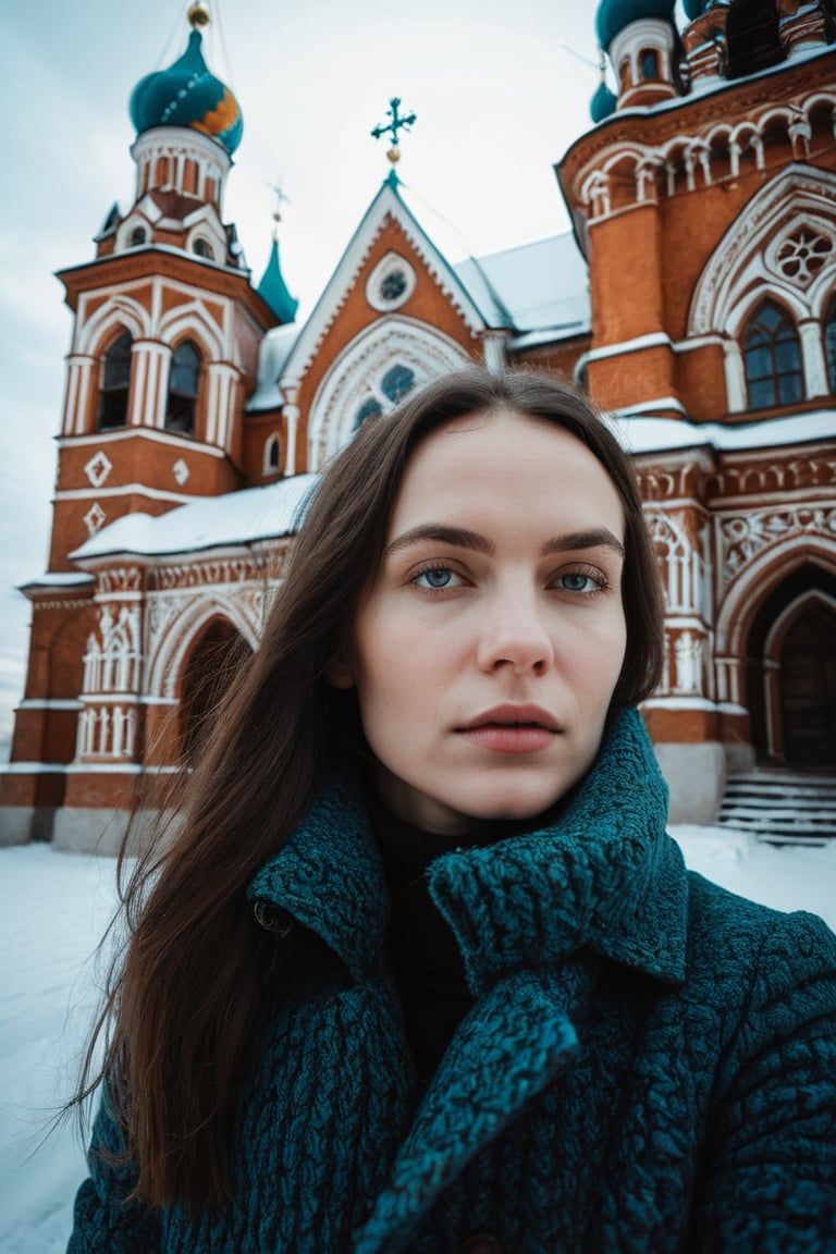 woman close up portrait, Photoshoot in siberia, winter photoshoot in russia, in the style of gothic architecture, multiple filter effect, colorful impasto, atmospheric shots, architectural compositions, abigail larson, detailed world-building <lora:rebbackp:1>