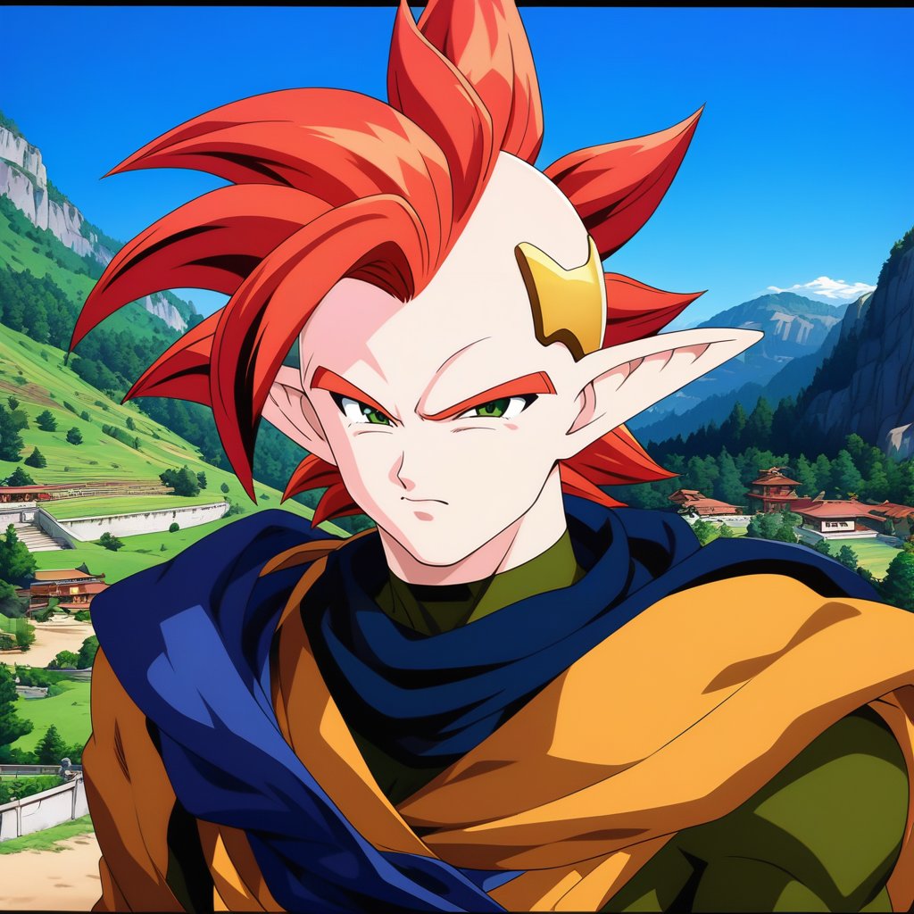 1boy, Tapion, character, Anime series Dragon Ball Z, style design Akira Toriyama, male focus, sad, perfect facial features, colored skin, green eyes, pointy ears, spiked hair, red hair, 1990s \(style\), retro artstyle, perfect lines, perfect color, perfect, hyper detailed, artstyle, official style, cartoon,Perfect proportions, Strong brightness, intricate details, vibrant colors, detailed shadows, perfect borders,PNG image format, sharp lines and borders, solid blocks of colors, over 300ppp dots per inch, (anime:1.9), 2D, High definition RAW color professional photos, photo, masterpiece, ProRAW, high contrast, digital art trending on Artstation ultra high definition detailed anime, detailed, hyper detailed, best quality, ultra high res, high resolution, detailed, sharp re, lens rich colors, ultra sharp, (sharpness, definition and photographic precision), (blur background, clean and uncluttered visual aesthetics, sense of depth and dimension, professional and polished look of the image), work of beauty and complexity. (aesthetic + beautiful + harmonic:1.5), (ultra detailed background, ultra detailed scenery, ultra detailed landscape:1.5),fidelity and precision,minute detail, clean image, exact image, polished shading, detailed shading, polychromatic tonal scale, wide tonal scale<lora:EMS-356192-EMS:0.800000>