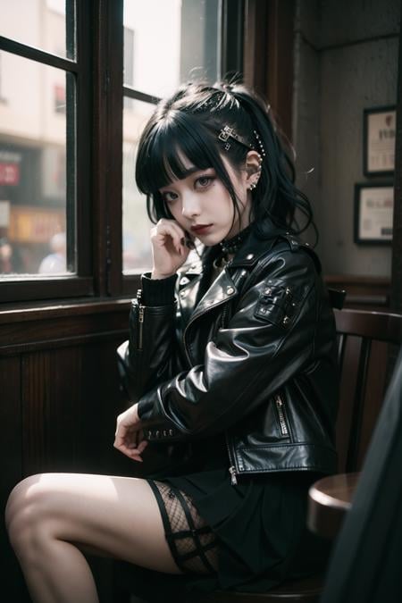 looking at viewer, A goth punk girl seated in a quaint cafe, clad in a studded leather jacket and tulle skirt, with bold makeup and vibrant hair, captured in a contemplative pose with soft, natural lighting and a shallow depth of field. <lora:Gothpunkgirl-000009:0.7>
