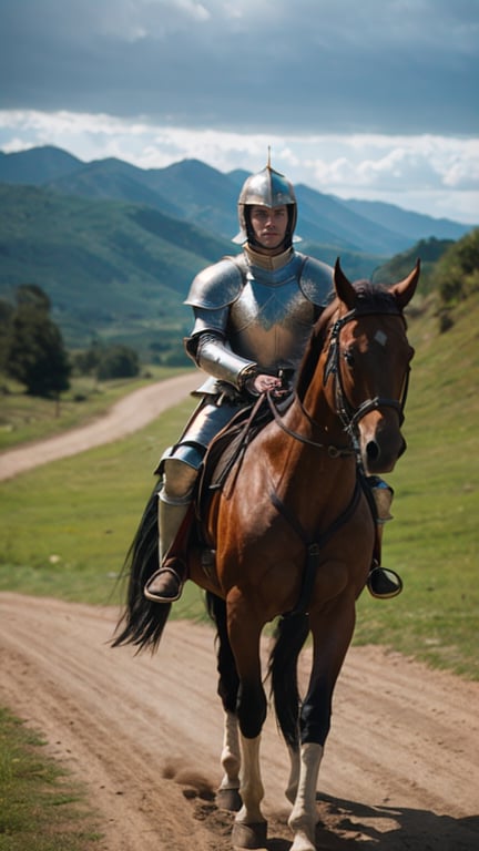 Handsome Knight with detailed armour on Horseback, Cinematic Film Still. 'Muted Naturals' Coloring, stunning lighting. Royal Mood.