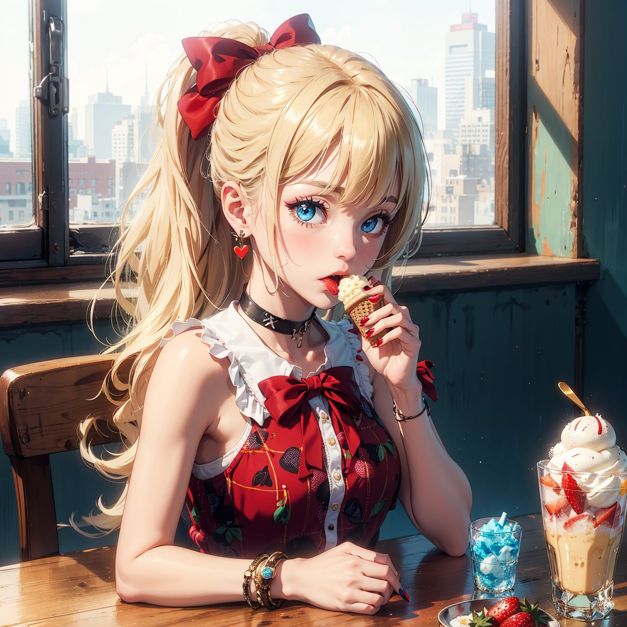 1girl, solo, cherry, food, bow, hair ornament, fruit, hair bow, choker, ponytail, looking at viewer, jewelry, earrings, strawberry, blue eyes, frills, hairclip, blonde hair, bandaid, long hair, ice cream, bangs, upper body, nail polish, x hair ornament, table, red bow, signature, sleeveless, english text, sitting, red nails, mouth hold, spoon, blurry, plaid, heart