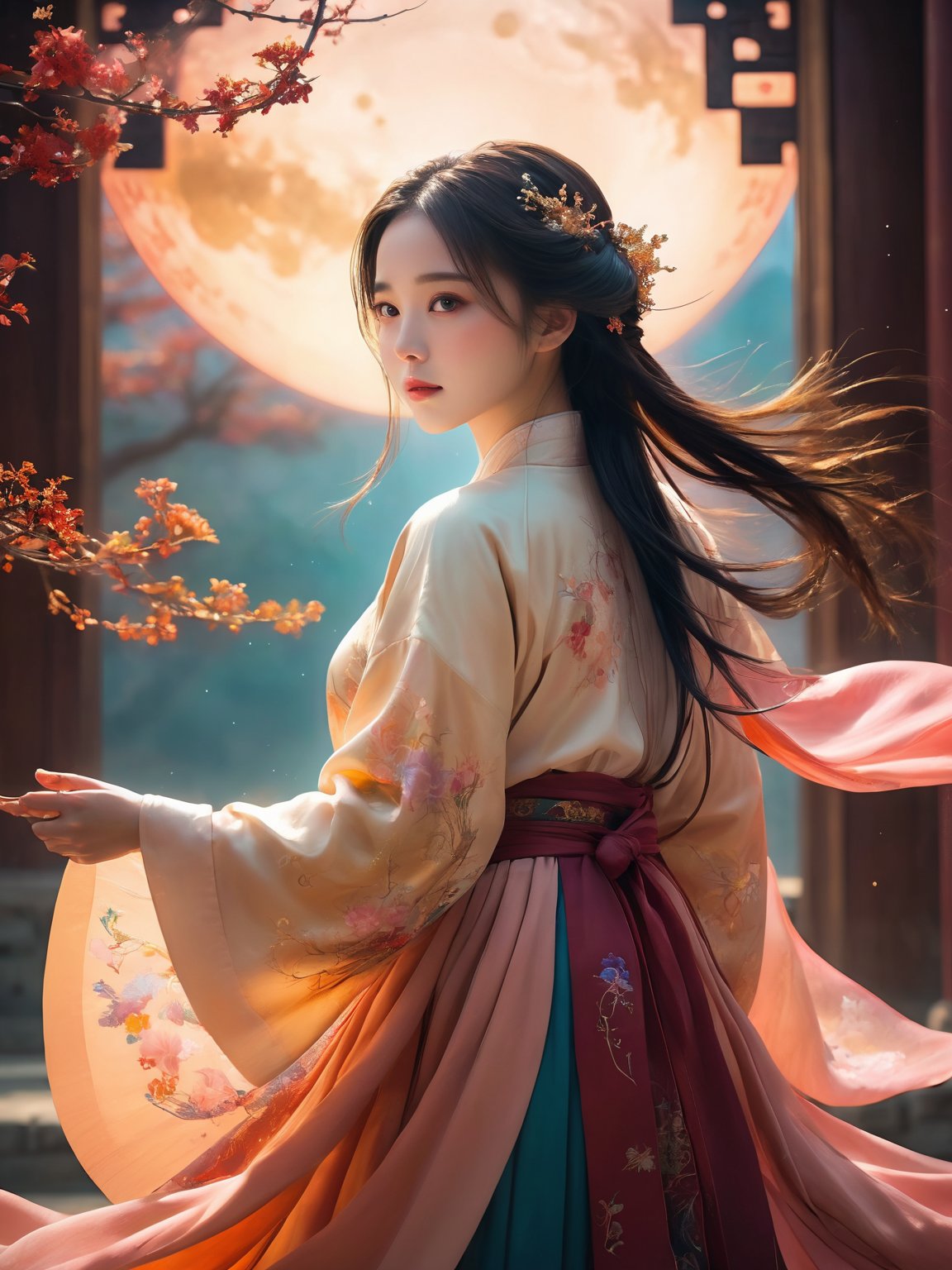 masterpiece, best quality, super wide angle, best fingers, facing viewer, full frontal, magnificent, celestial, ethereal, painterly, epic, majestic, magical, fantasy art, cover art, dreamy, elegant, cinematic, background illuminated, rich deep colors, ambient dramatic atmosphere, creative, perfect, beautiful composition, intricate, detailed1girl, hanfu,