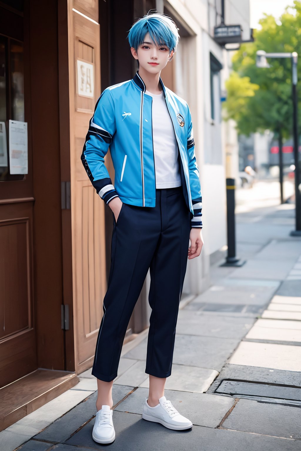 intricate details, hansome boy, Light blue hair, white skin, red eyes, sharp jawline, cropped jacket, full body, smirk, outdoors,