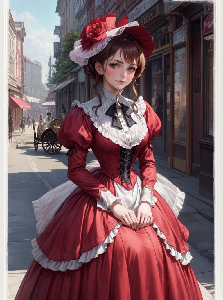 8k, masterpiece, highly detailed, high quality,1girl, wearing a red (victorian dress), <lora:victorian_dress-SD-2.0:1> (carriage), 1900s city street, fascinator, bonnet, vintage, antique, sepia background, old photograph, flirting, slight smile