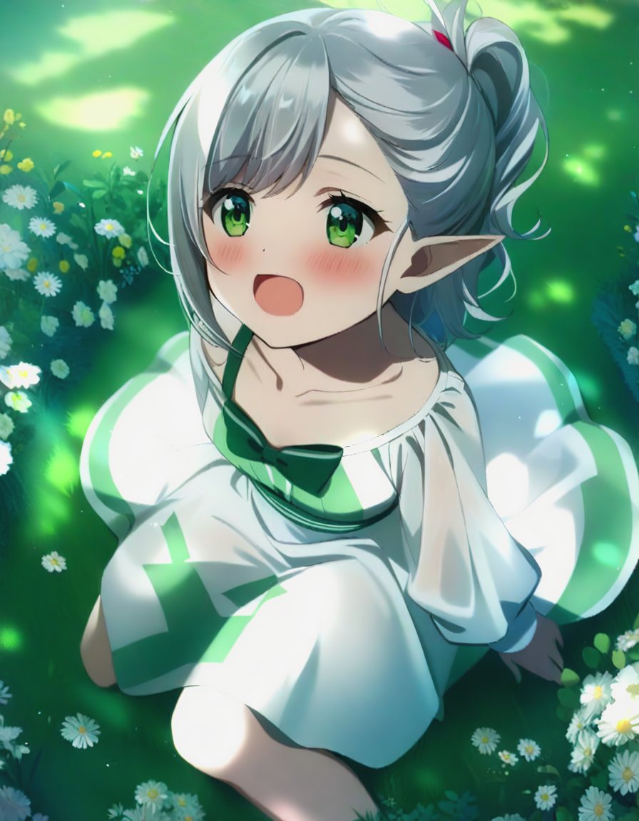 1girl,alternate_costume,alternate_hairstyle,blush,collarbone,dress,elf,flower,grass,green_eyes,long_sleeves,looking_ahead,open_mouth,outdoors,pointy_ears,solo,white_dress,white_flower,white_hair,<lora:add_details_xl:2>,
