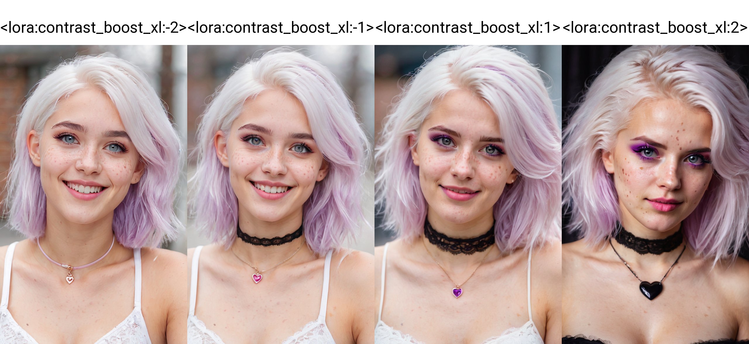 (best quality, 4k, 8k, highres, masterpiece:1.2), ultra-detailed, photorealistic, photography,1girl, heart-shaped pupils,, white hair, purple eyes, blush, choker, upper body, trembling, sweat, sweat drop, heart, medium breasts, love, heart, crop top, happy, smile, lace, bokeh, freckles, natural skin texture, portrait  <lora:contrast_boost_xl:-2>