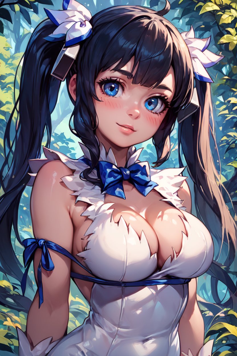 score_9, score_8_up, score_8, medium breasts, (curvy), cute, eyelashes,       <lora:danmachi-hestia-ponyxl-lora-nochekaiser:0.7>, hestia, black hair, twintails, blush, blue bow, blue bowtie, bow, bowtie, cleavage, cleavage cutout, clothing cutout, dress, gloves, pencil dress, rei no himo, short dress, white dress, white gloves outdoors,forest, nature, looking at viewer, upper body, head tilt,   <lora:Vivid:0.8>, embedding:zPDXL,