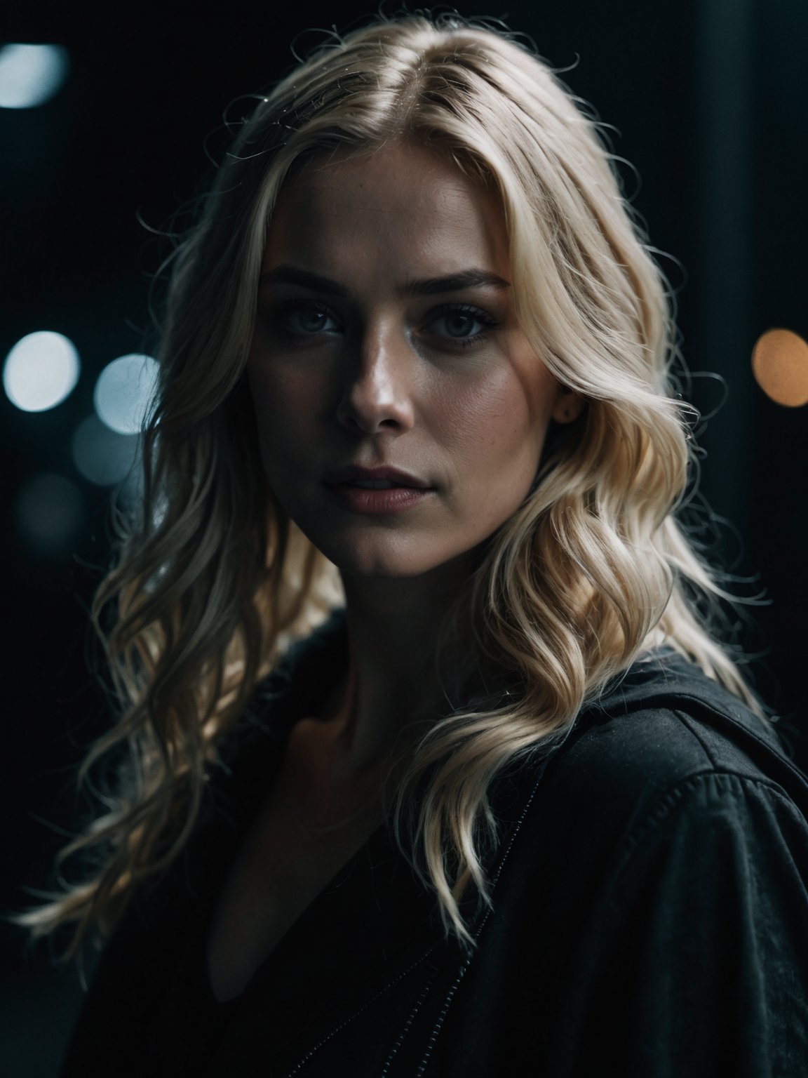 super cute blonde woman in a dark theme, cinematic film still