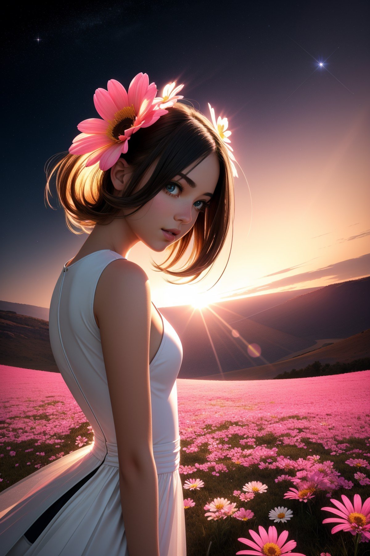 1girl, professional Concept art, best quality, two shot angle of a Pink ("The Flower of Conflux":1.3) , it is very Internally Glowing and Electroluminescent, highly detailed, desolate grass and Virgo constellation in background, at Dusk, equirectangular 360, pop art, (portrait art by Thomas Saliot:1.1) , Contemporary, Dark, Emo Art, soft light, F/5, Albumen, Bright design, matte, Highres, ultra high res