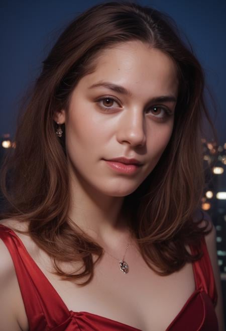 score_9, score_8_up, score_7_up, RAW, photo, beautiful young woman, realistic, portrait, looking at viewer, red dress, [dark background:city by night:0.1]