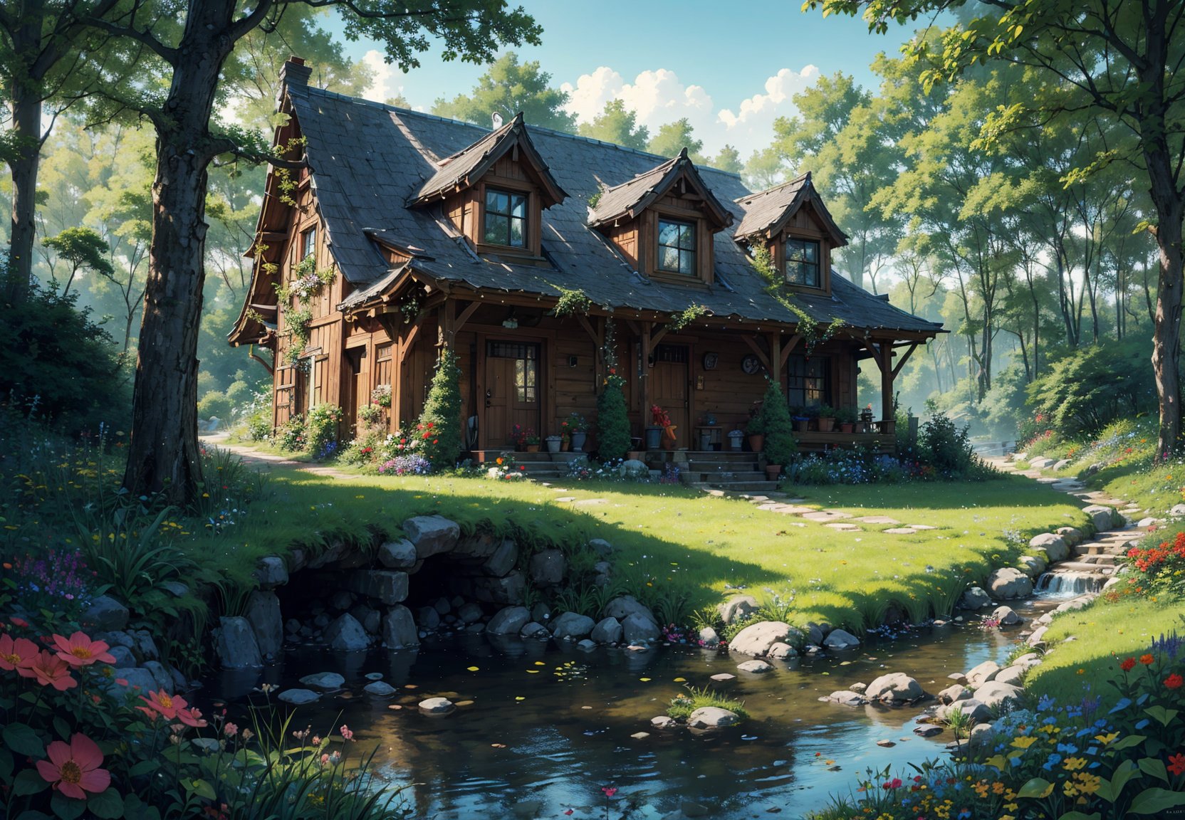 A witch's house stands by a stream in the forest and a green witch tends the plants and trees in the garden. She has a beautiful face and shining eyes of vivid colors. She wears elaborate and delicate ornaments. The house stands in a lush green forest, decorated with plants and flowers under the eaves and on the door. Detailed drawings. Vivid colors. High image quality.